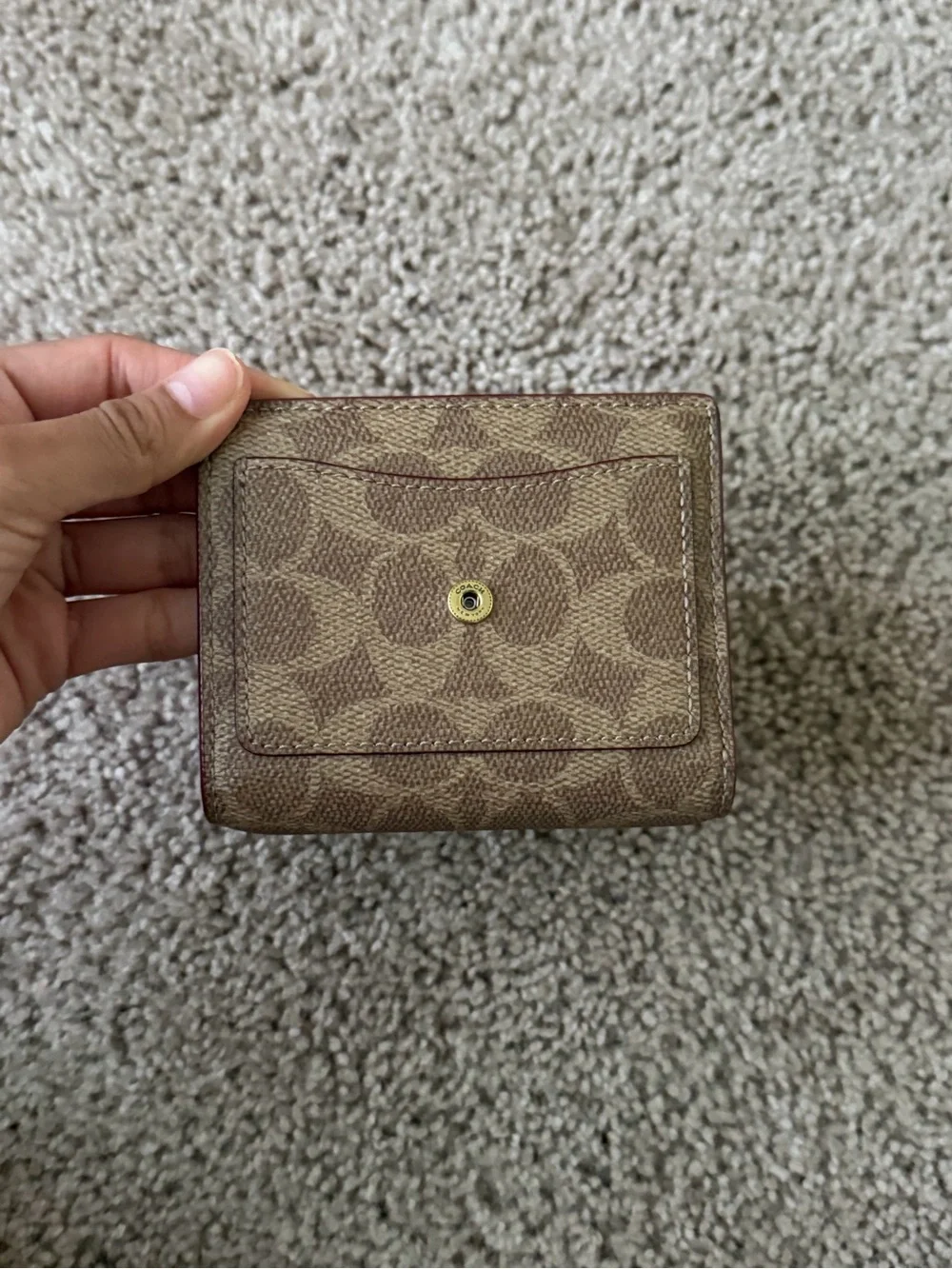 Coach Compact Signature Card Case with Brown Leather Flap
